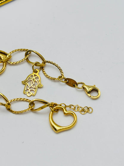 18K Gold with Hamsa, Clover and, Heart Charm Bracelet
