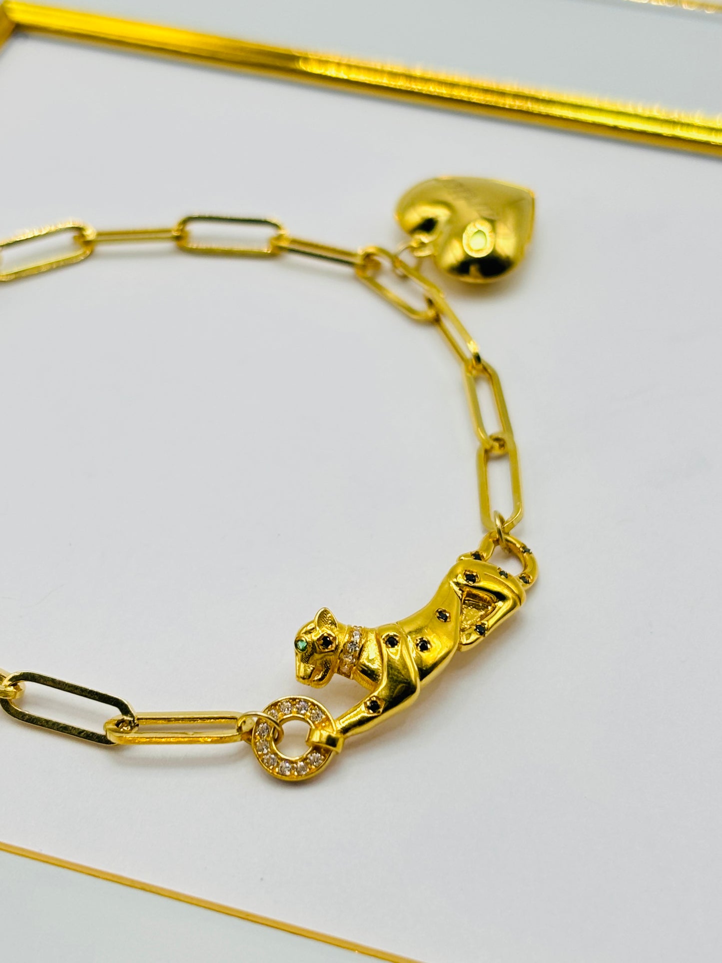 18K Gold Paperclip Panther Bracelet