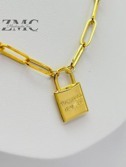 18K Gold Paperclip with Padlock and Heart Attached Necklace