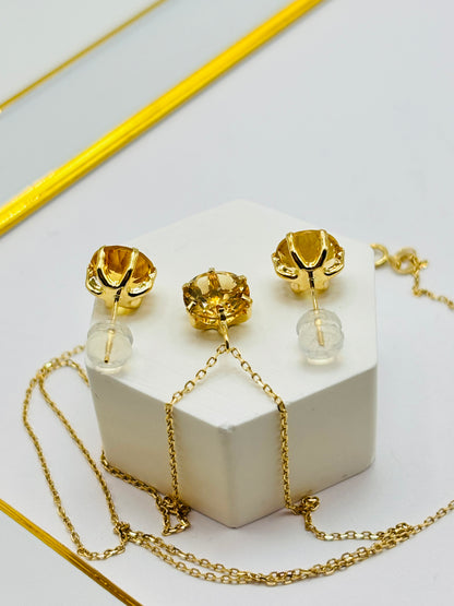 18K Gold Necklace with Natural Citrine Pendant and Earrings Set
