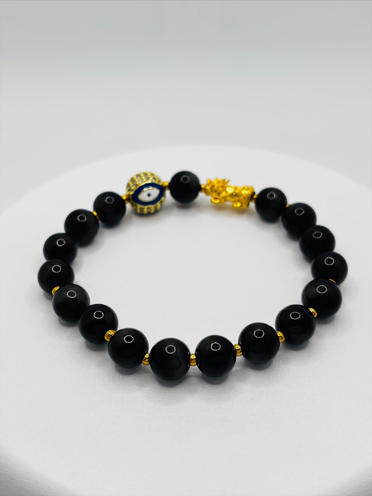 18K Gold Lucky Piyao/ Pi Xiu Gold Sheen Obsidian Evil Eye Bracelet ( Hollow Empty Inside) Small