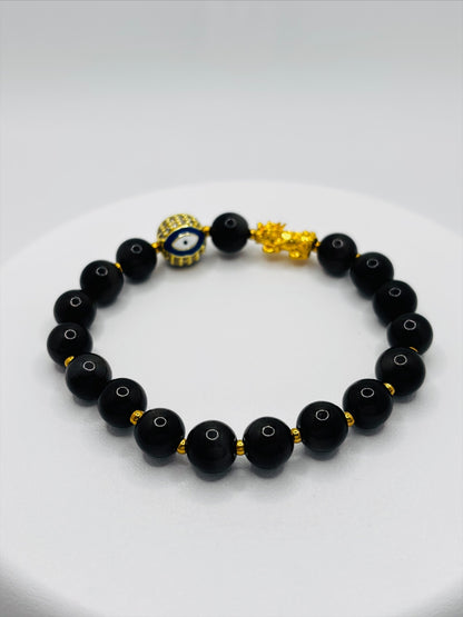 18K Gold Lucky Piyao/ Pi Xiu Gold Sheen Obsidian Evil Eye Bracelet ( Hollow Empty Inside) Small