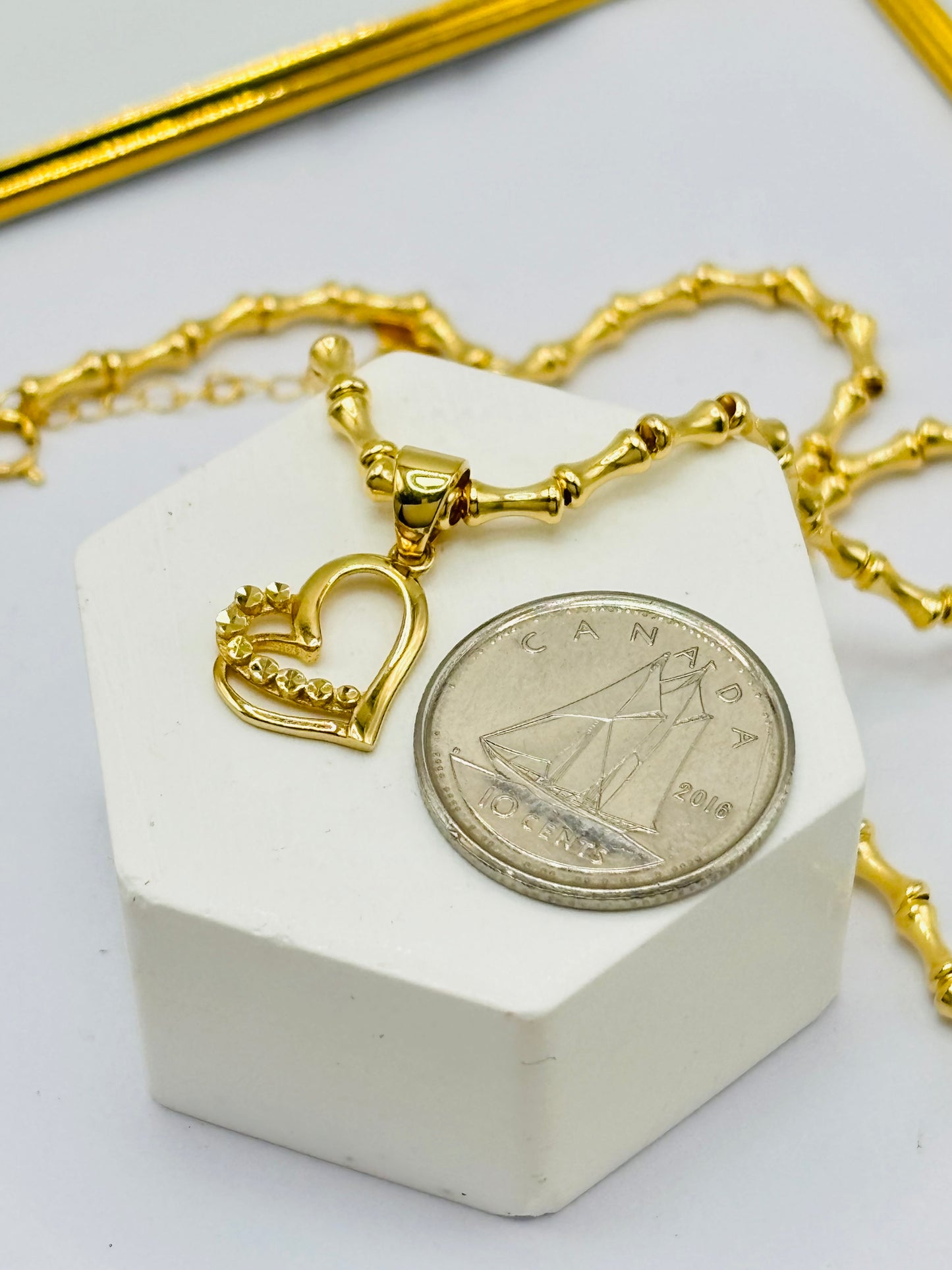18K Gold Bamboo with Heart Pendant Necklace Set