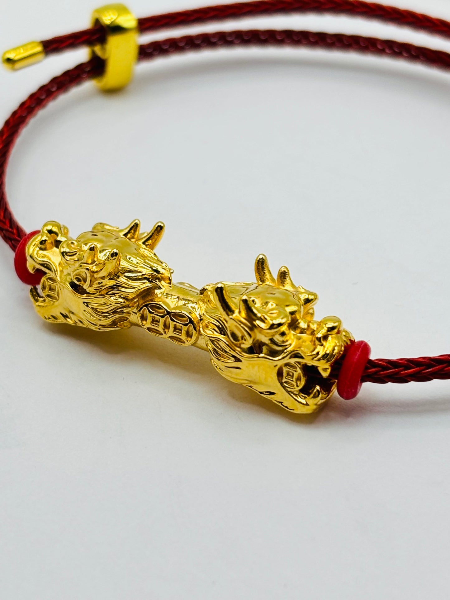 18K Gold  Lucky Dragon Bracelet  ( Hollow Empty Inside) Red Rope XXL