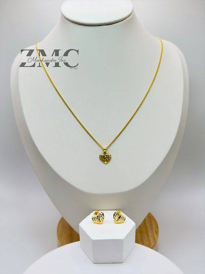18K Gold Heart Earrings and Necklace Set