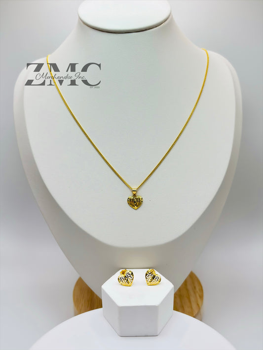 18K Gold Heart Earrings and Necklace Set