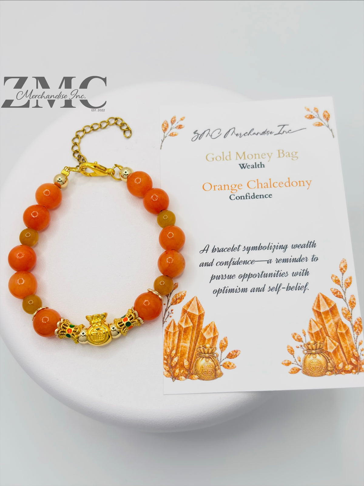 18K Gold  Lucky Money Bag Orange Chalcedony Bracelet  ( Hollow Empty Inside)