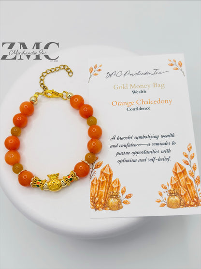 18K Gold  Lucky Money Bag Orange Chalcedony Bracelet  ( Hollow Empty Inside)