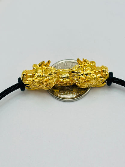 18K Gold  Lucky Dragon Bracelet  ( Hollow Empty Inside) Black Rope XXL