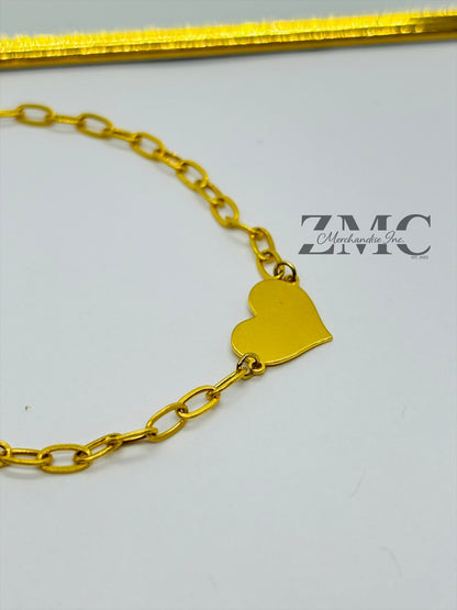18K Gold Paperclip with Attached Heart Bracelet