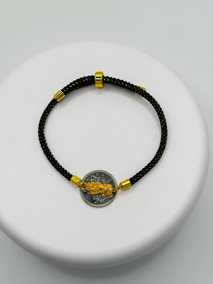 18K Gold Lucky Piyao/ Pi Xiu Gold/Black String Bracelet ( Hollow Empty Inside) Small