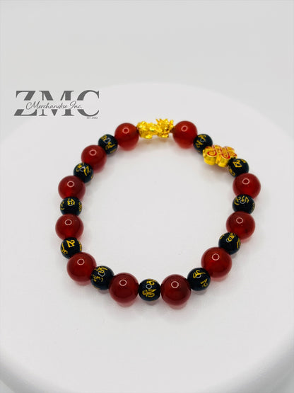 18K Gold Lucky Piyao/ Pi Xiu Mantra, Red Agate Bracelet ( Hollow Empty Inside) Small