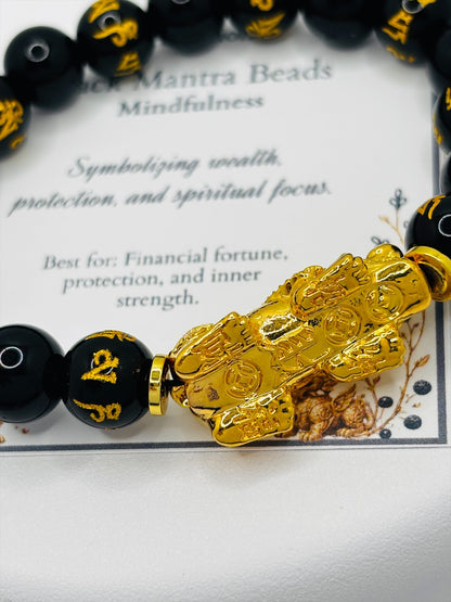 18K Gold Lucky Piyao/ Pi Xiu Black Mantra Bracelet( Hollow Empty Inside) XXL PIYAO