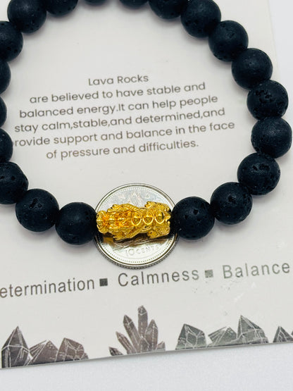 18K Gold Lucky Piyao/ Pi Xiu Lava Rock Stone ( Hollow Empty Inside) Medium Size