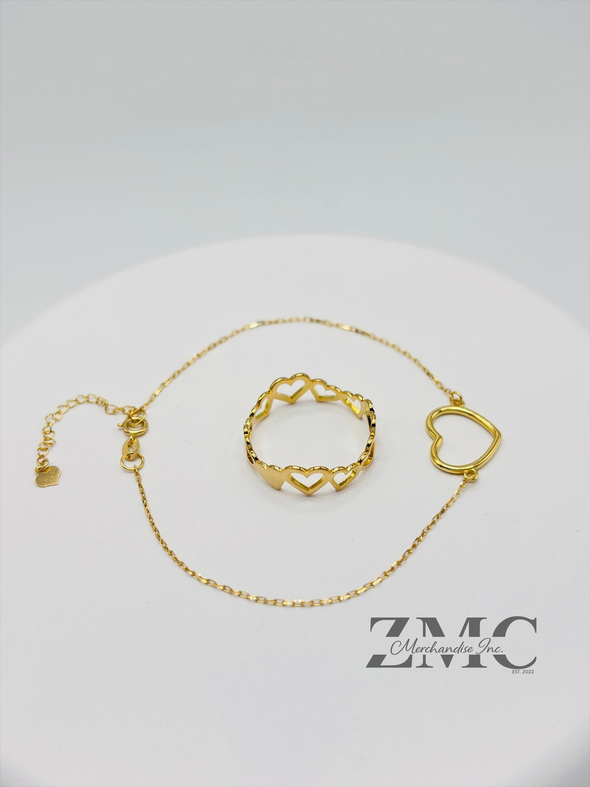 18K Gold Open Heart Ring and Bracelet Set