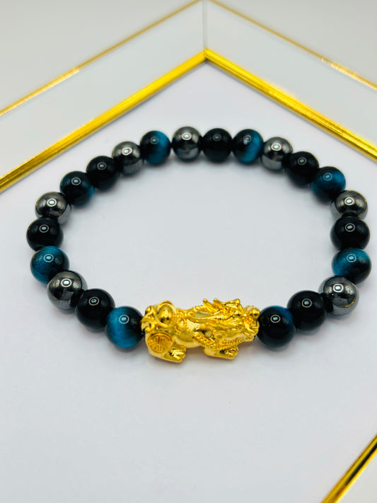 18K Gold  Lucky Piyao/ Pi Xiu Tiger Eye, Black Obsidian, Hematite Stone ( Hollow Empty Inside) Extra Large Size