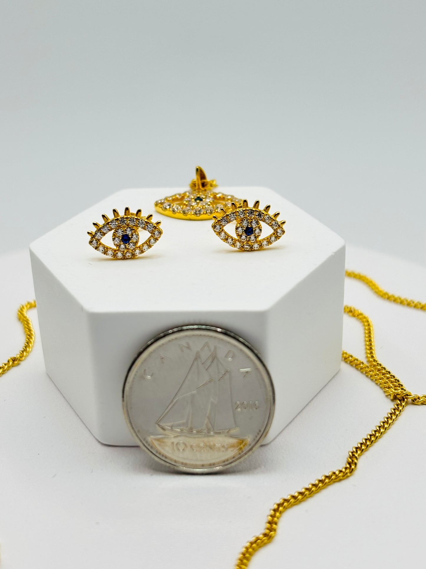 18K Gold Evil Eye Earrings and Necklace Set