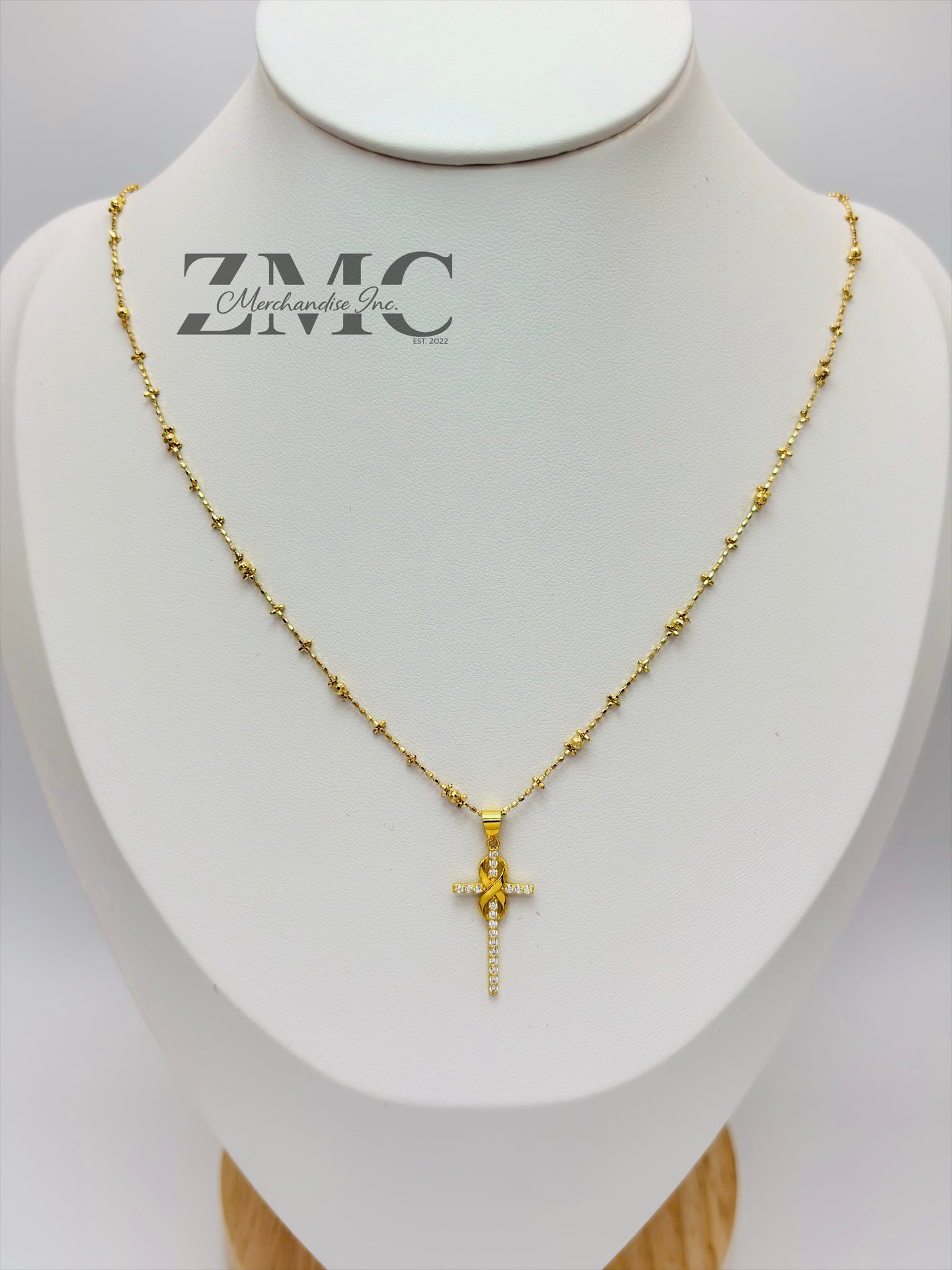 18K Gold Mirror Ball Cross Necklace