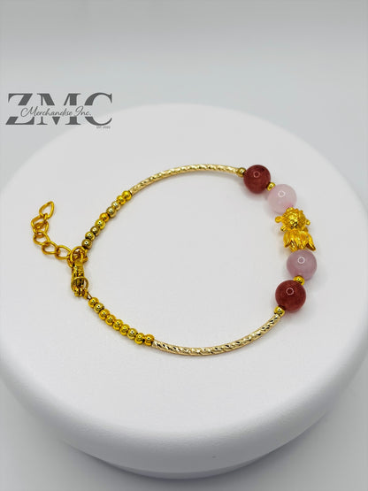 18K Gold Lucky Koi Fish Bracelet Rose Quartz Stone ( Hollow Empty Inside)