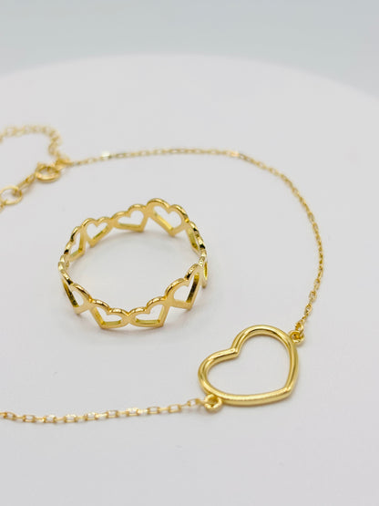 18K Gold Open Heart Ring and Bracelet Set