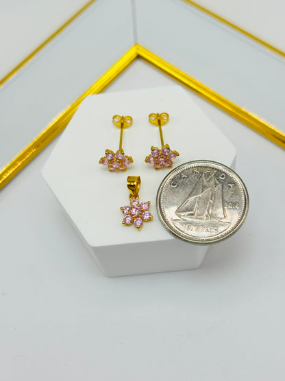 18K Gold Flower Stone Earrings and Pendant Set (Pink)
