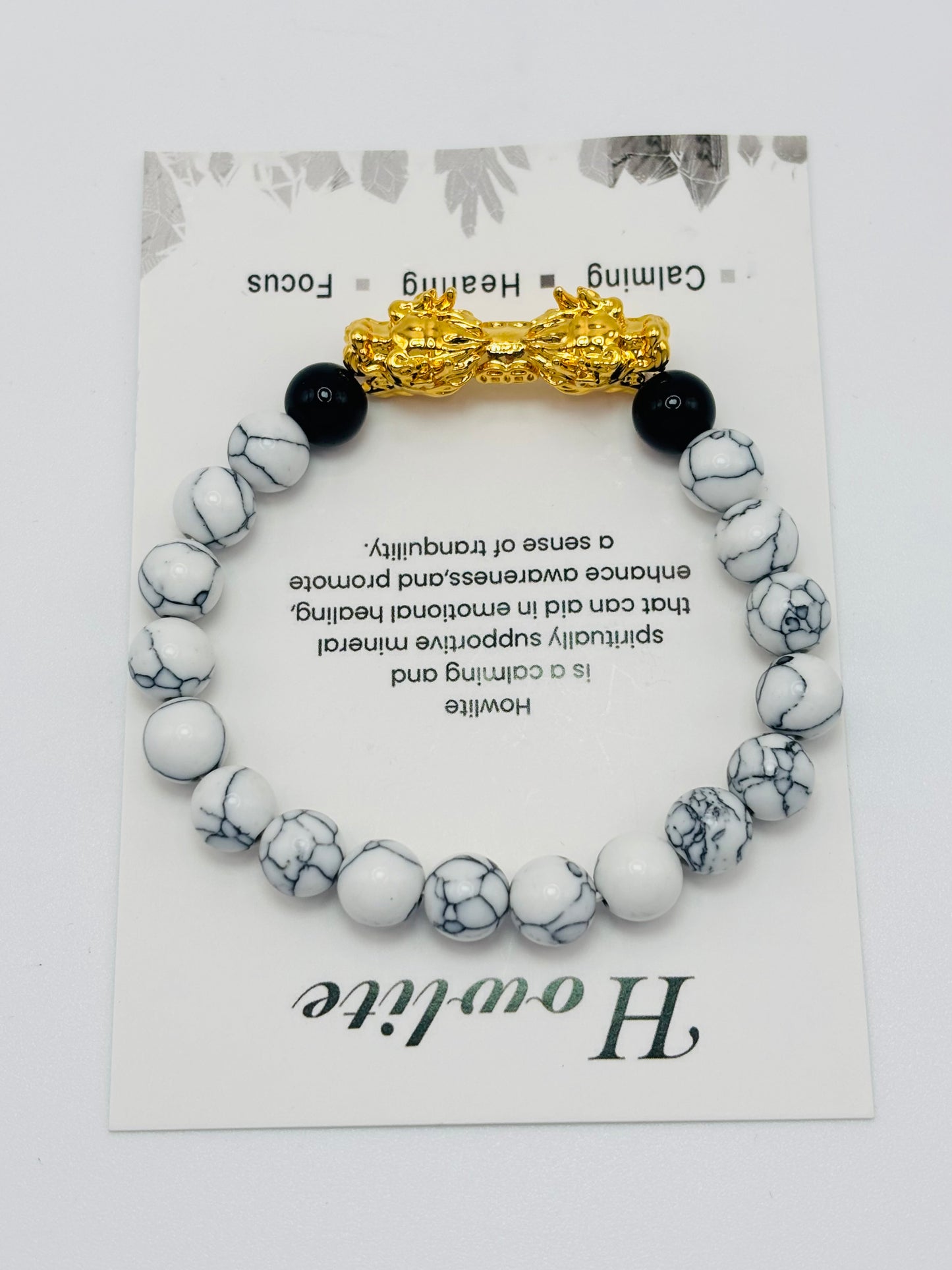 18K Gold Lucky Dragon Bracelet Howlite, Black Obsidian Stone ( Hollow Empty Inside) XXL