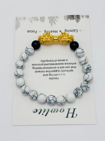 18K Gold Lucky Dragon Bracelet Howlite, Black Obsidian Stone ( Hollow Empty Inside) XXL