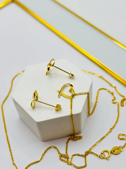 18K Gold Foxtail Chain Necklace with Heart Pendant and Earrings Set