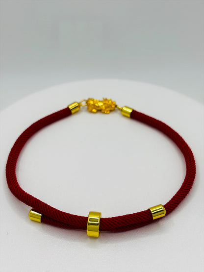 18K Gold Lucky Piyao/ Pi Xiu Red String Bracelet ( Hollow Empty Inside) Small
