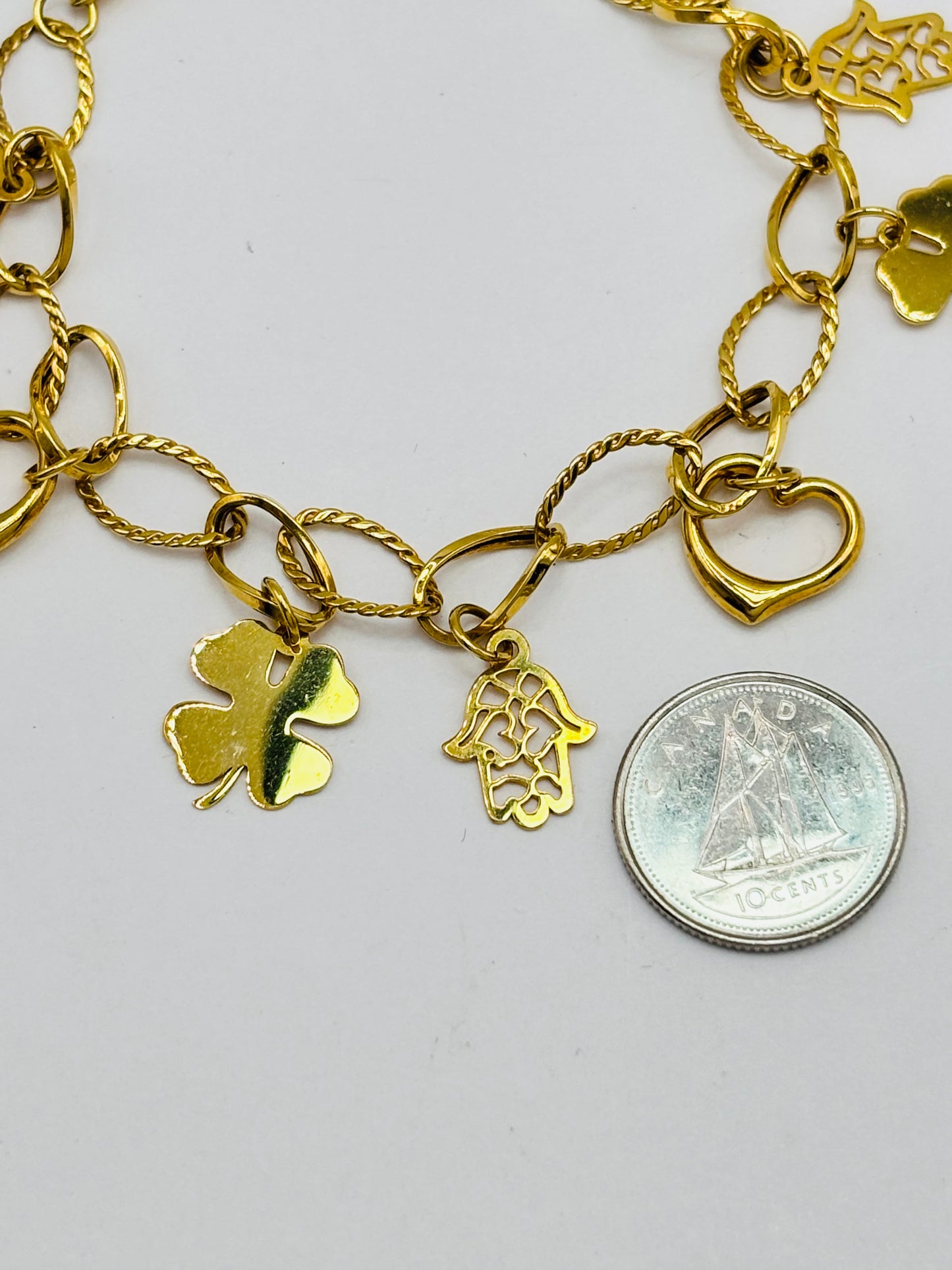 18K Gold with Hamsa, Clover and, Heart Charm Bracelet