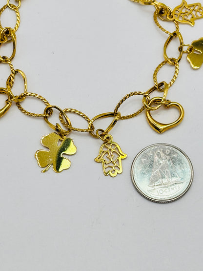 18K Gold with Hamsa, Clover and, Heart Charm Bracelet