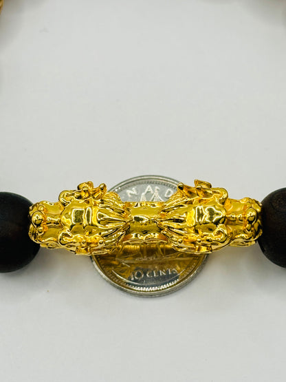 18K Gold  Lucky Dragon Bracelet ( Hollow Empty Inside)  Natural Carved Wood XXL