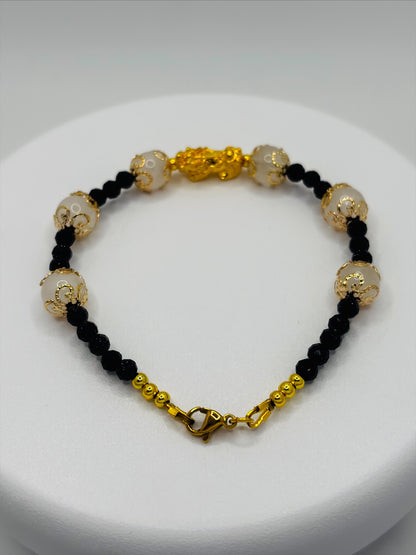 18K Gold Lucky Piyao/ Pi Xiu White Quartz, Lapis Lazuli Bracelet ( Hollow Empty Inside) Medium