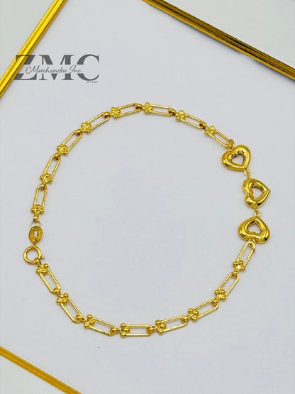 18K Gold 3 Hearts Flat Hardware Bracelet