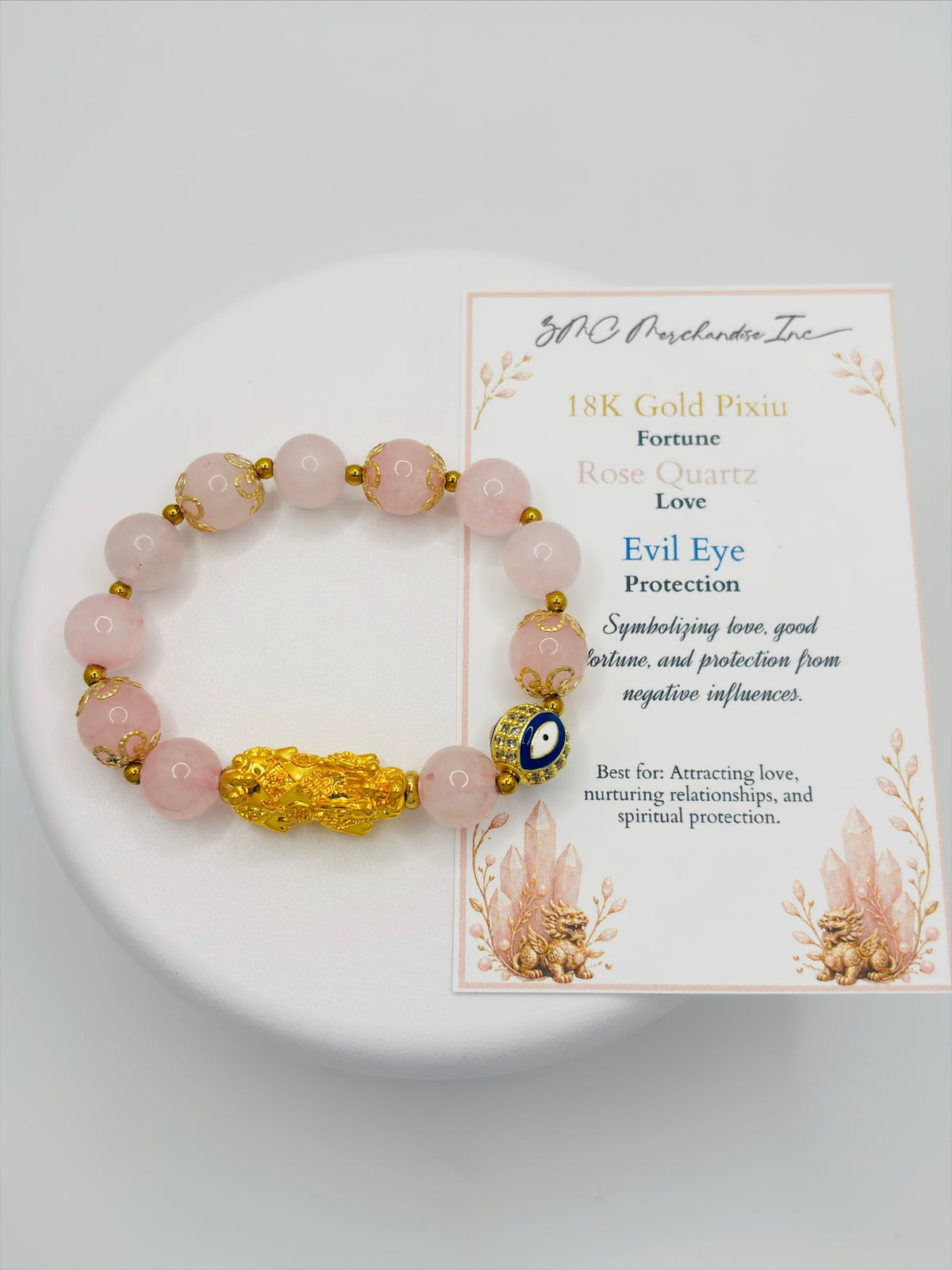 18K Gold Lucky Piyao/ Pi Xiu Rose Quartz Bracelet( Hollow Empty Inside) Extra Large
