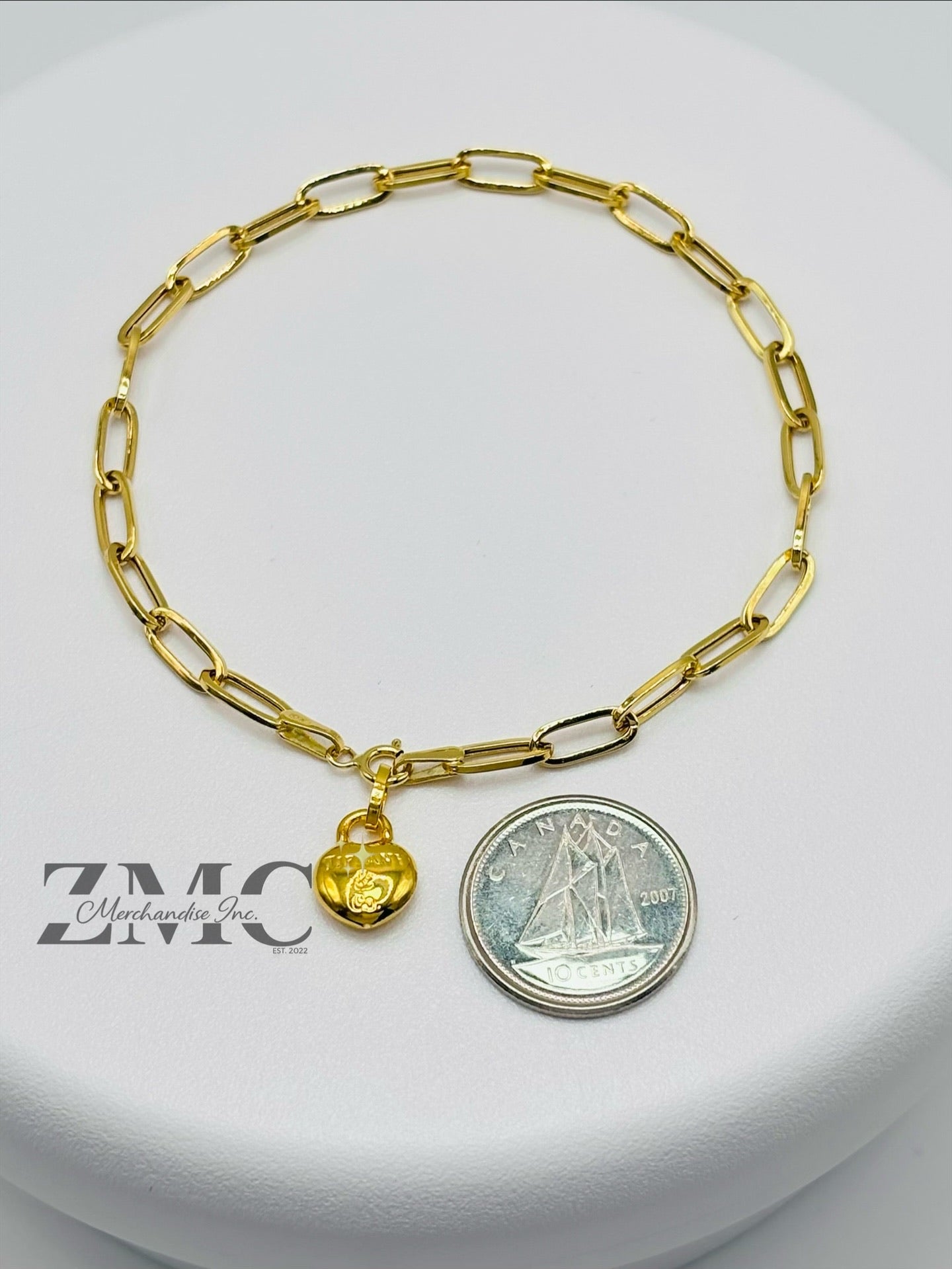 18K Gold Paperclip with Heart Charm Bracelet