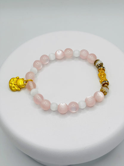18K Gold Lucky Piyao/ Pi Xiu Rose, White Quartz Bracelet ( Hollow Empty Inside) SMALL PIYAO