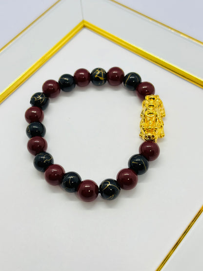 18K Gold  Lucky Piyao/ Pi Xiu Bracelet Red & Black ( Hollow Empty Inside) Extra Large Size