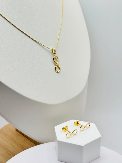 18K Gold Infinity Earrings and Necklace Set