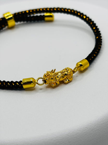 18K Gold Lucky Piyao/ Pi Xiu Gold/Black String Bracelet ( Hollow Empty Inside) Small