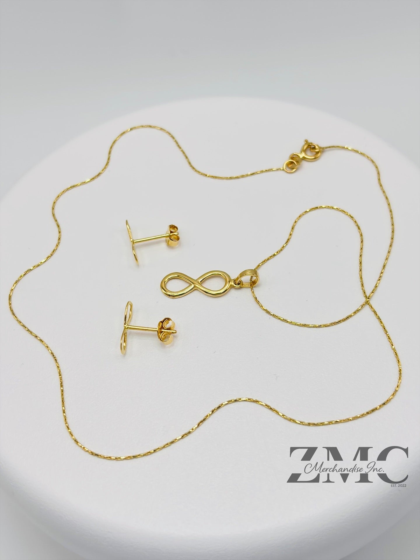 18K Gold Infinity Earrings and Necklace Set