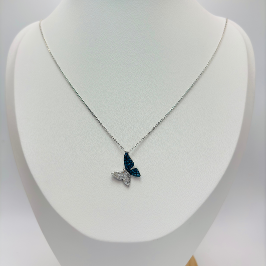 K18 White Gold Butterfly 0.50ct Natural Blue/White Diamonds Necklace