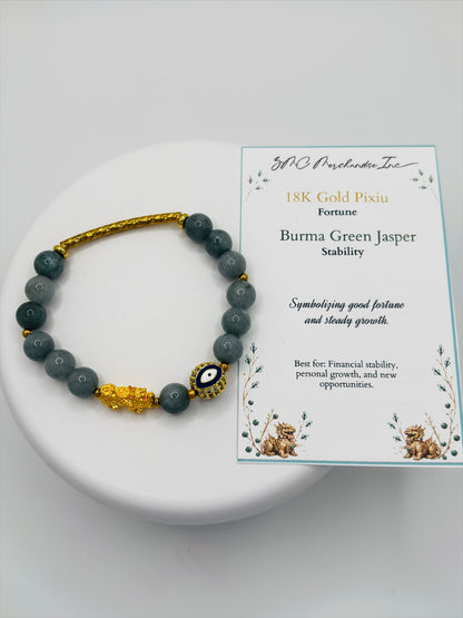 18K Gold Lucky Piyao/ Pi Xiu Burma Green Jasper Evil Eye Bracelet ( Hollow Empty Inside) Medium