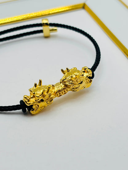 18K Gold  Lucky Dragon Bracelet  ( Hollow Empty Inside) Black Rope XXL