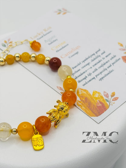 18K Gold Lucky Koi Fish Bracelet Agate, Citrine, Carnelian Stone ( Hollow Empty Inside)