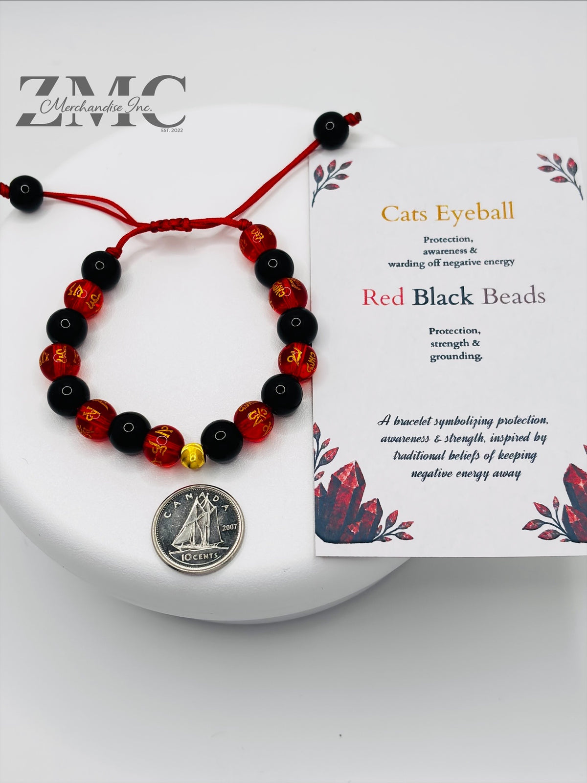 18K Gold Cats Eye Ball Baby/Kids Red Chinese & Black Stone Bracelet