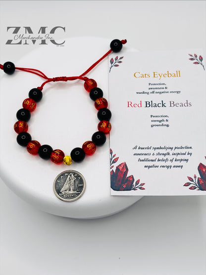 18K Gold Cats Eye Ball Baby/Kids Red Chinese & Black Stone Bracelet