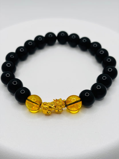 18K Gold Lucky Piyao/ Pi Xiu Citrine Black Obsidian Bracelet ( Hollow Empty Inside) Small