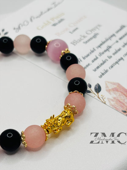 18K Gold Lucky Piyao/ Pi Xiu  Rose Quartz, Onyx Bracelet ( Hollow Empty Inside) Small