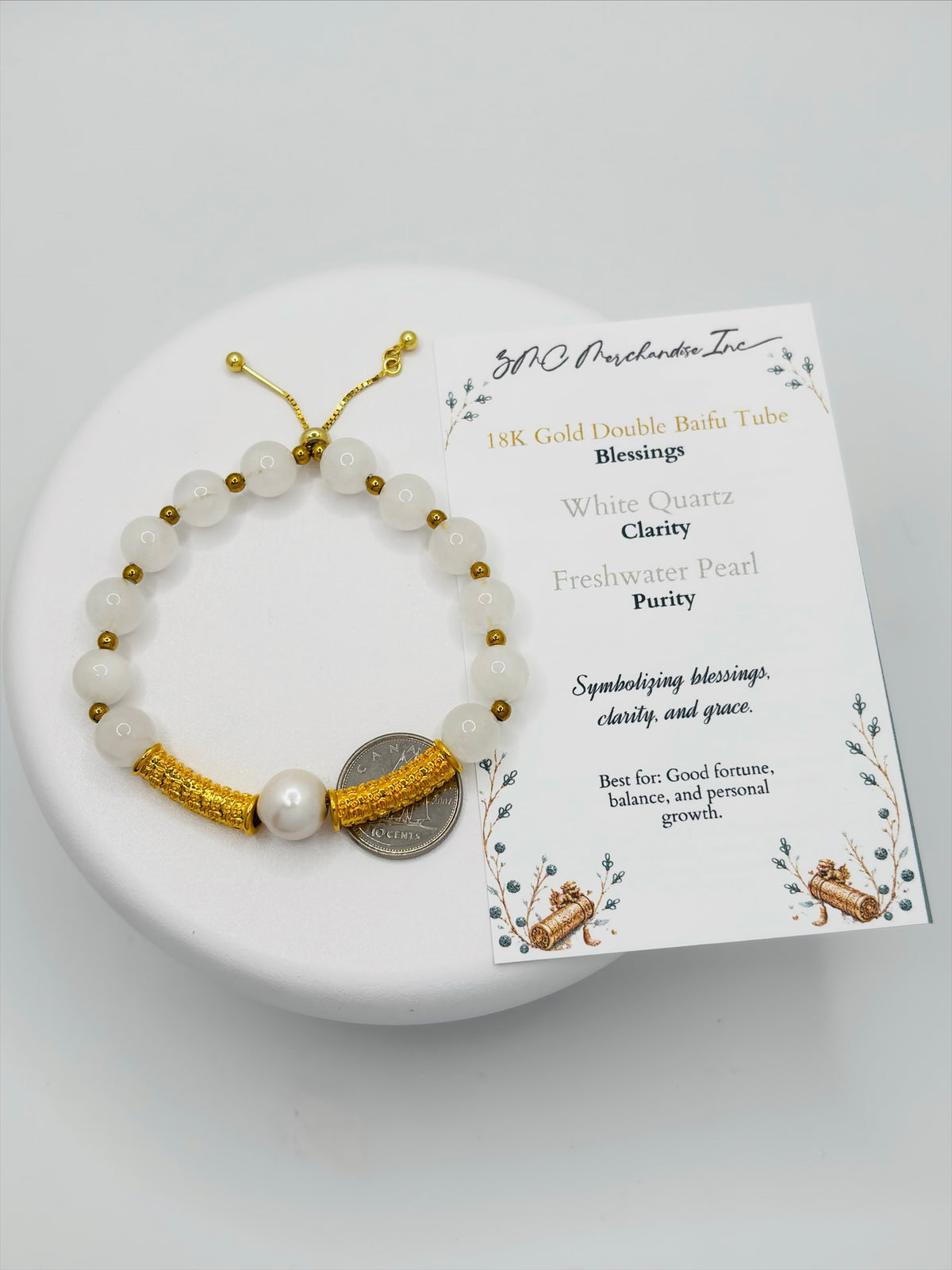 18K Gold Double Lucky Baifu Tube Pearl White Quartz Bracelet  ( Hollow Empty Inside)